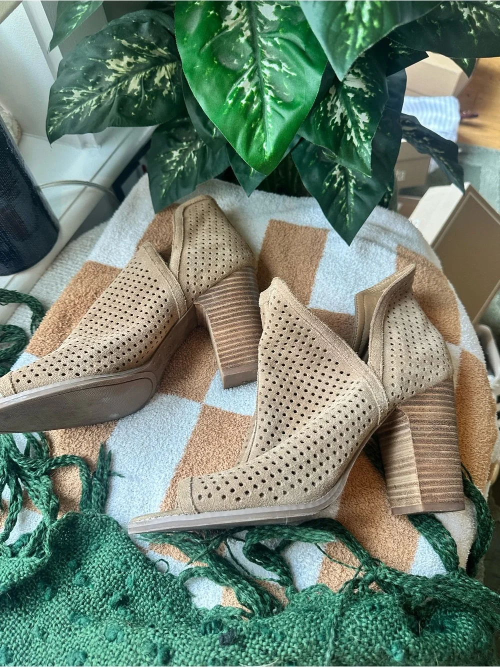 Lucky Brand Taupe Perforated Open-Toe Suede Booties